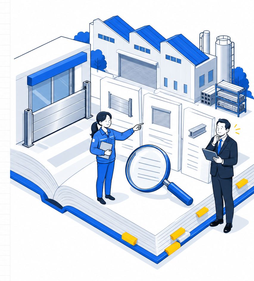 製品の図鑑をのぞく設備担当と購買担当のイラスト
